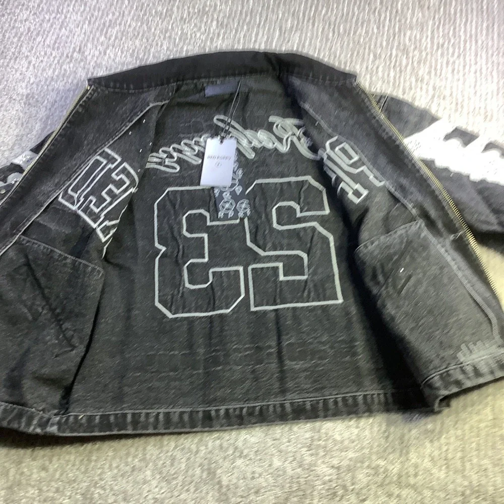 Red Poppy Mens Black Wash Embellished Graphic Denim‎ Jacket XS NWT